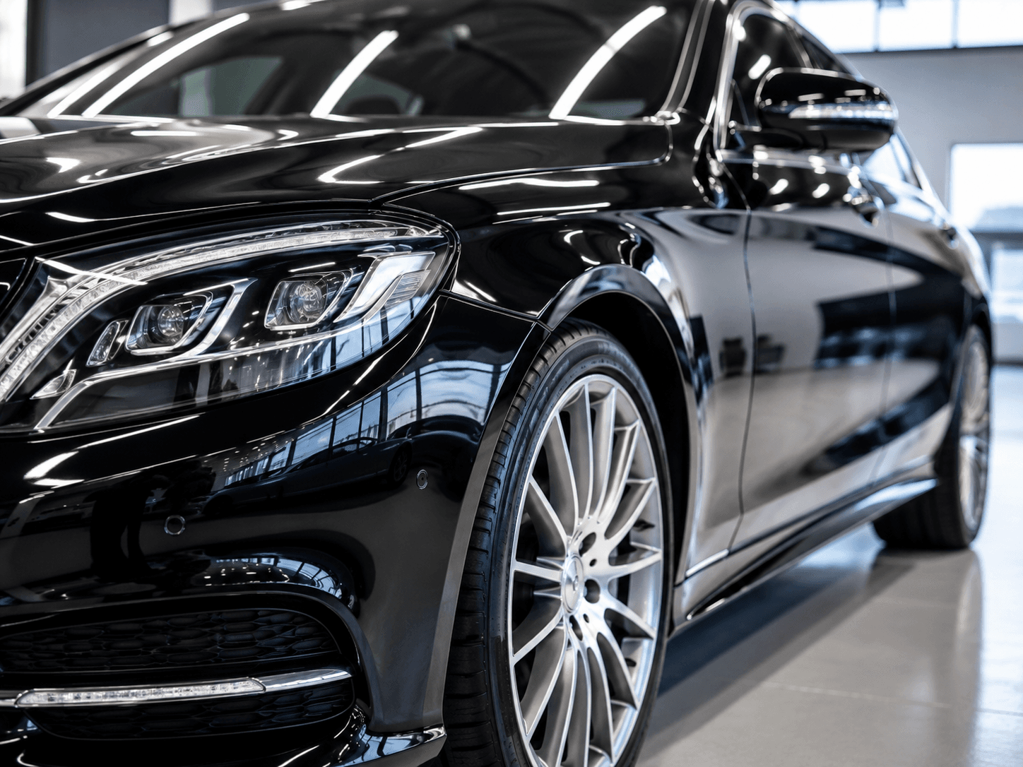 Glossy black sports car after a premium detail